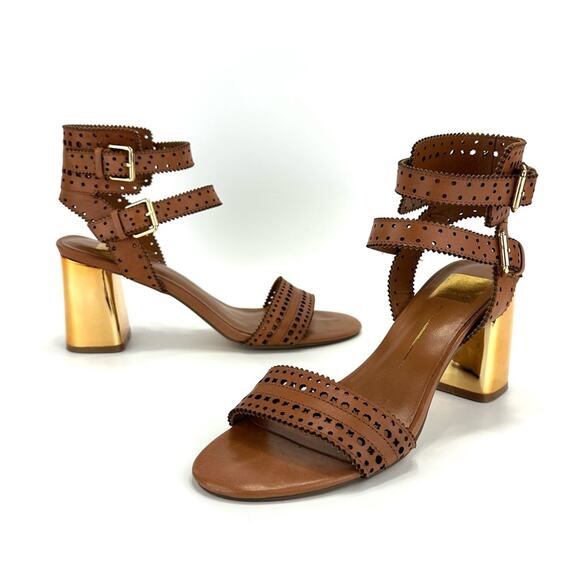 DOLCE VITA BROWN LEATHER LASER-CUT STRAPS GOLDEN BLOCK HIGH HEEL SANDAL/PUMP🆕 - Picture 1 of 15
